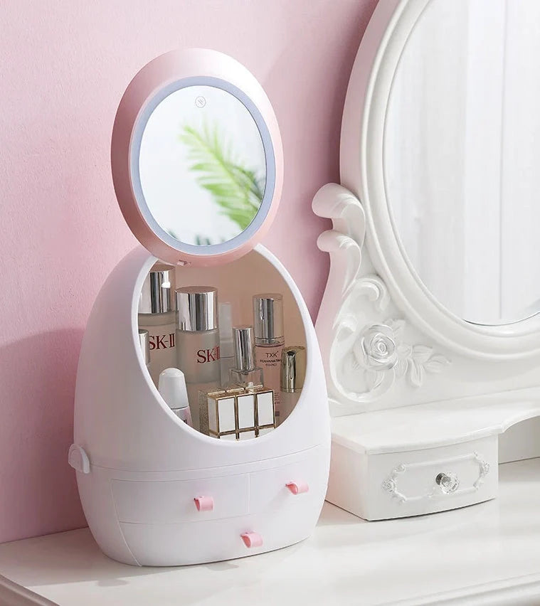 Compact LED makeup mirror with USB charging option and included jewelry box