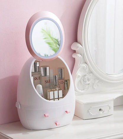 Compact LED makeup mirror with USB charging option and included jewelry box