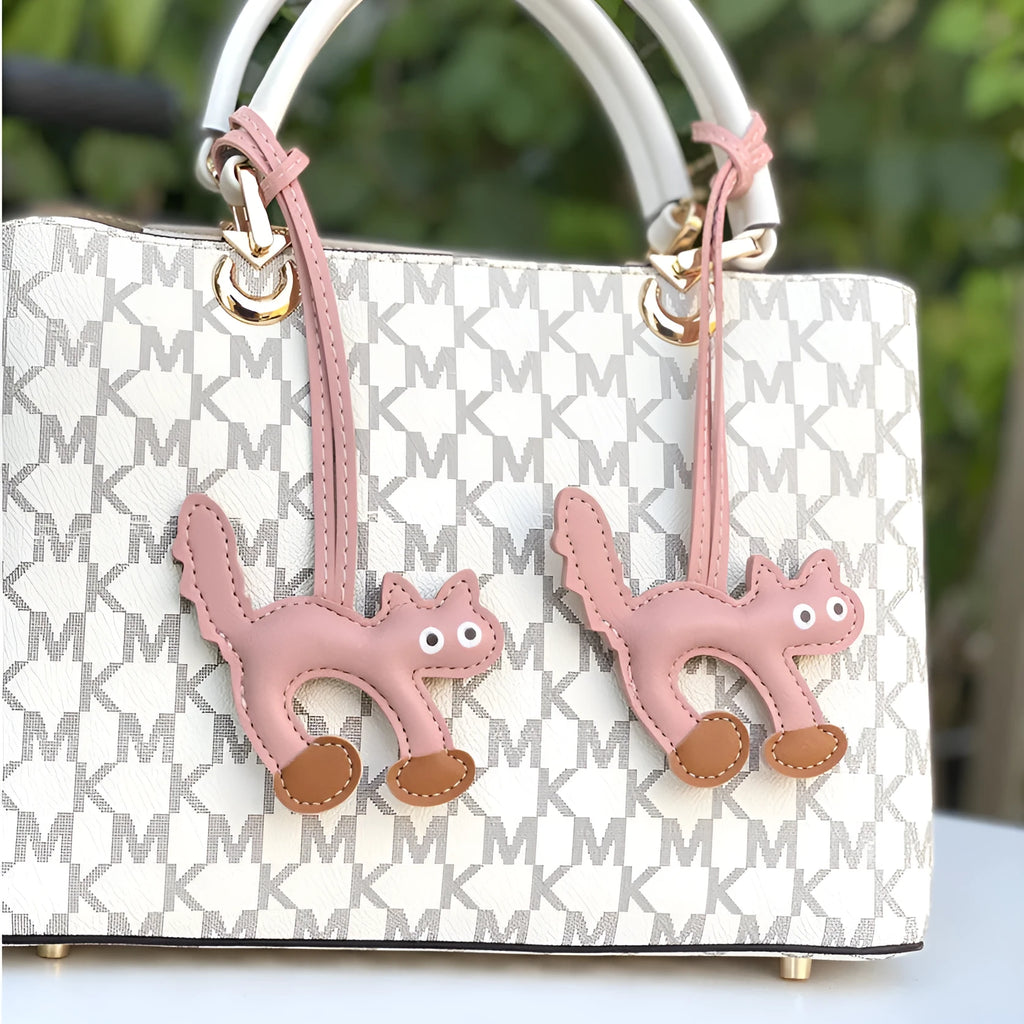 Mini cat-shaped PU leather bag pendant in eight colour options, 8.5 x 9 cm, lightweight charm