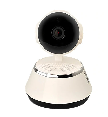 Compact 720P wireless IP camera in white ABS plastic, 9x9x12cm with IR lens for night vision and Micro SD slot, UK plug version shown