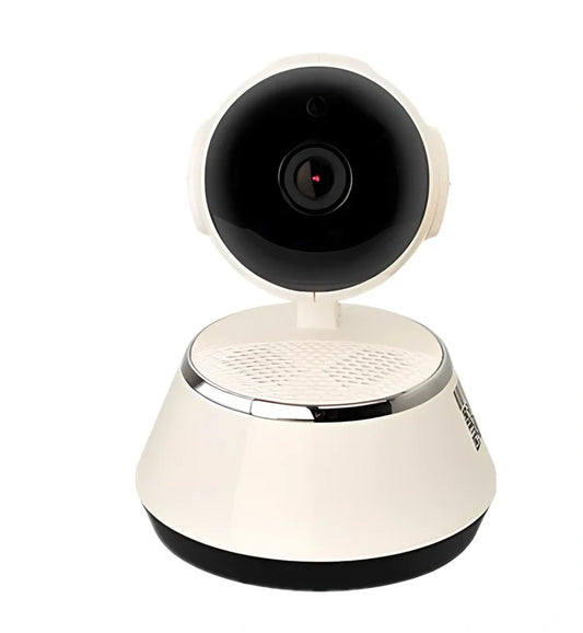 Compact 720P wireless IP camera in white ABS plastic, 9x9x12cm with IR lens for night vision and Micro SD slot, UK plug version shown