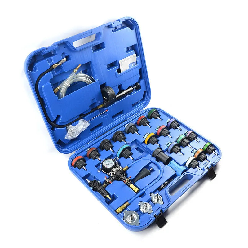 28-piece blue automotive cooling system tester kit with pressure testing and vacuum purge tools