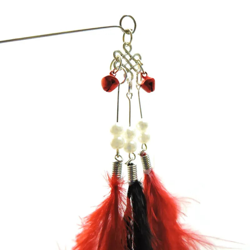 Cat feather wand toy with bells, 70cm full length, plastic and metal rods, random colour