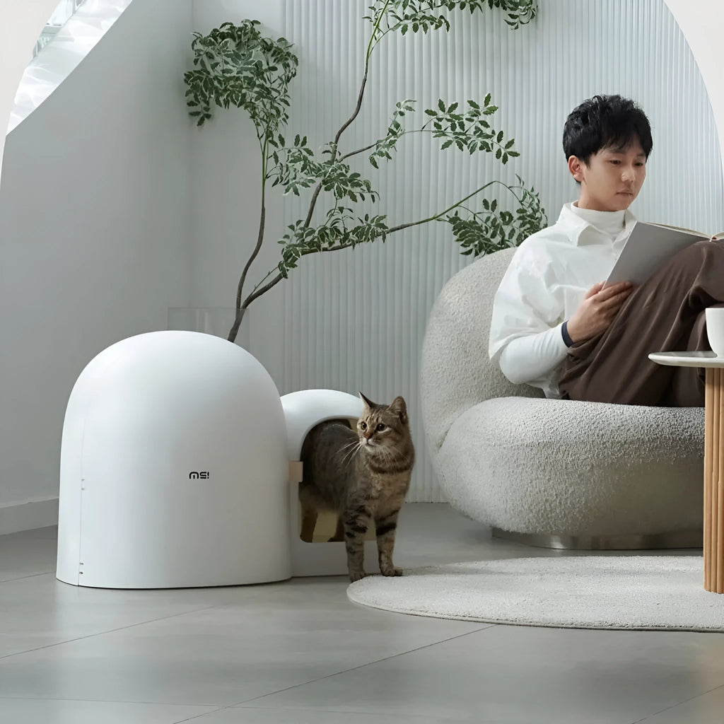 Fully enclosed oversized cat litter box in Aurora White, Moss Green, or Milk Tea colour
