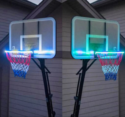 Induction Color Changing Basketball Frame Light attached to a basketball rim, illuminating at night