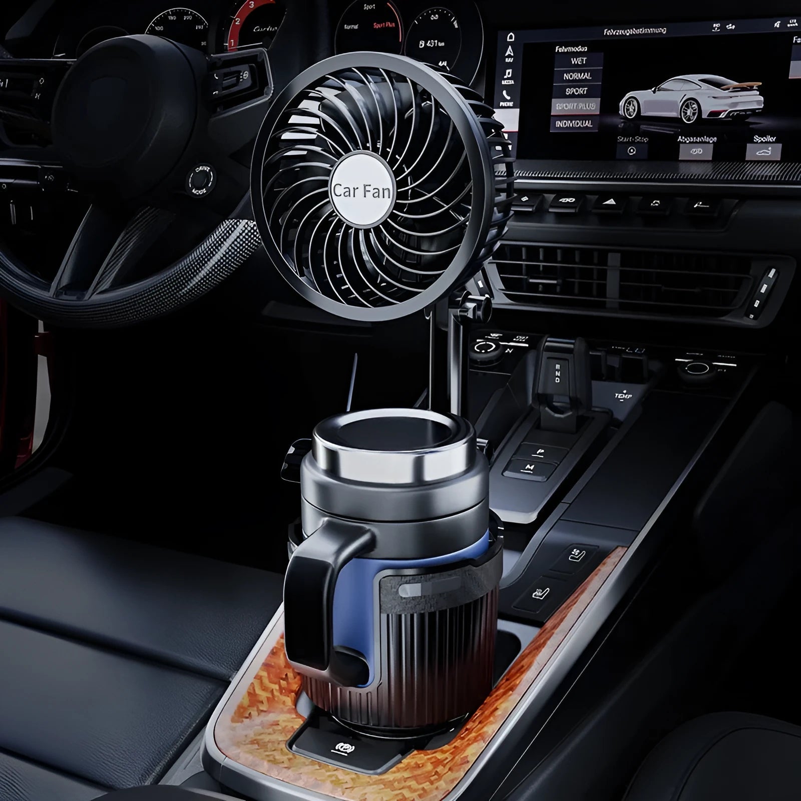 Car water cup holder fan showing 4-inch and 6-inch size options for 12V, 24V, and USB power