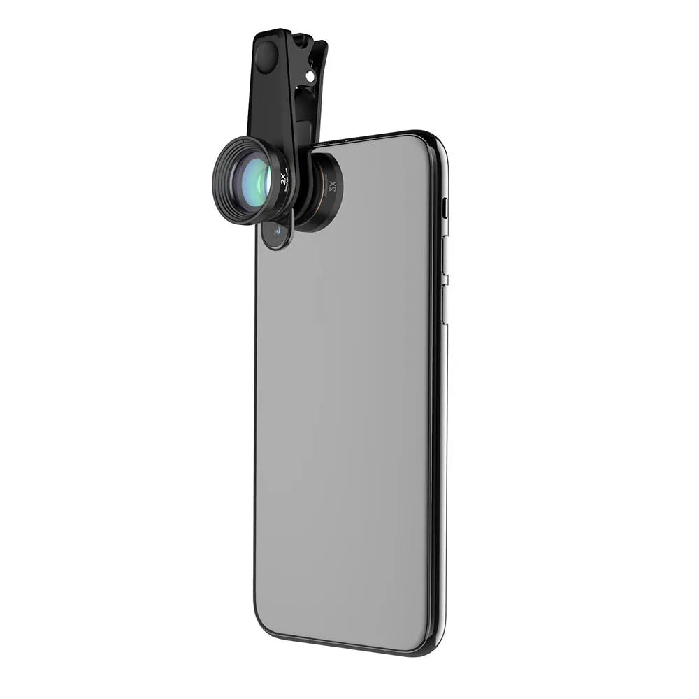 Black 6-in-1 universal smartphone lens kit with fisheye, macro, wide-angle, telephoto, CPL and star filter lenses and a clip.