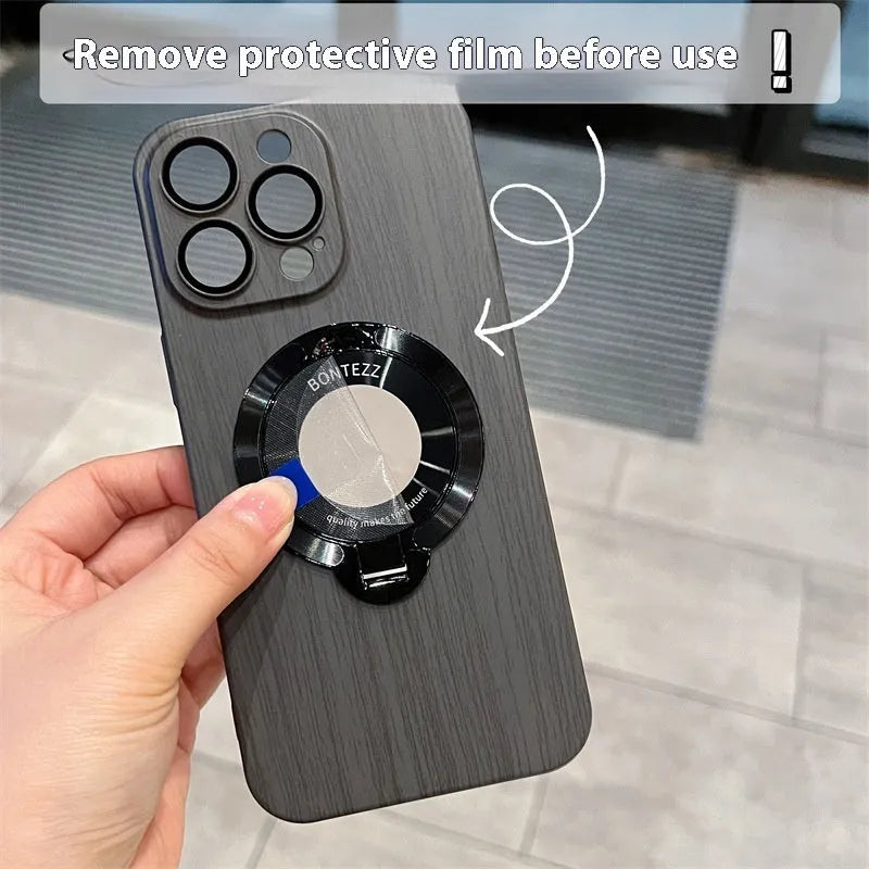 Walnut wood grain PC phone case with magnetic bracket for Apple iPhone 12 13 14 series shockproof and anti-fall