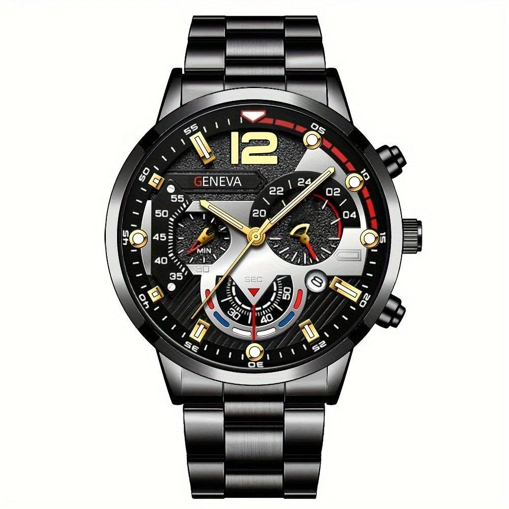 Stylish men's stainless steel quartz watch with adjustable bracelet set in various color combinations