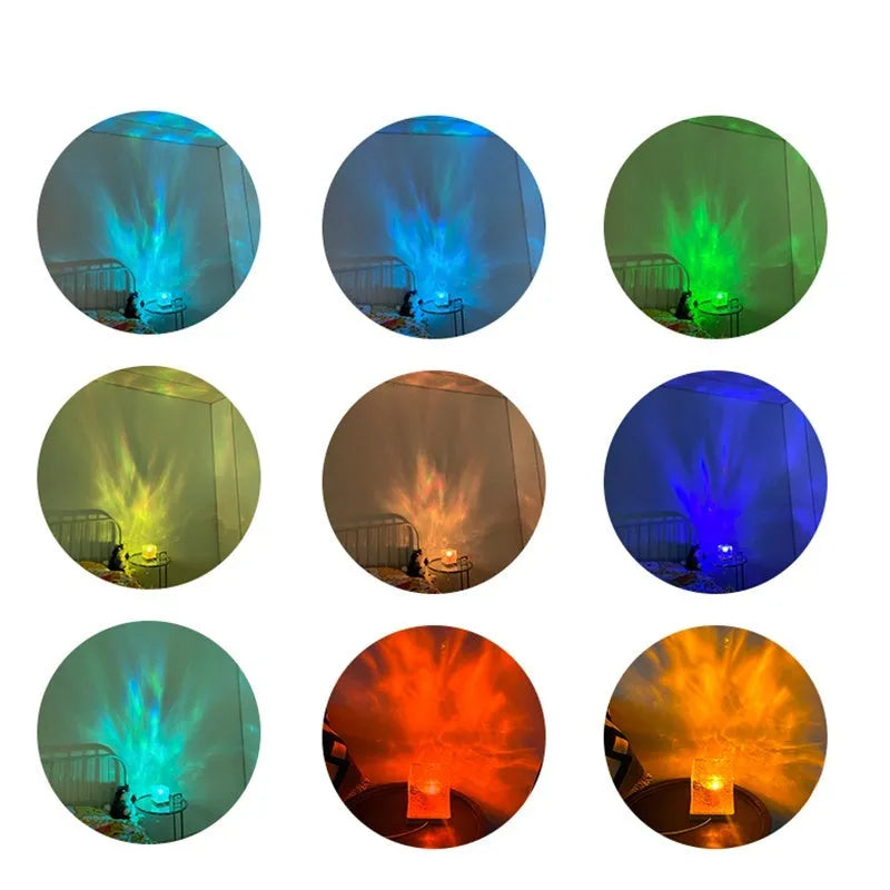LED water ripple projection night light with remote control on wooden surface