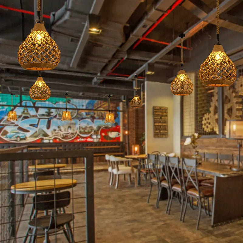 Hemp rope industrial style chandelier with black metal frame and 16 size options for restaurant or café lighting