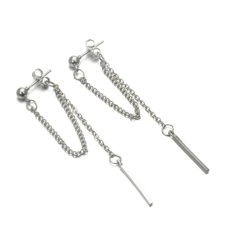 Geometric silver chain stud earrings for women with a modern design