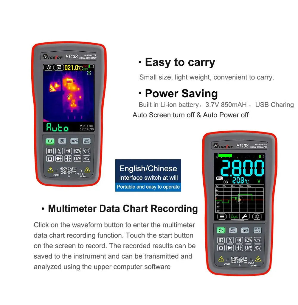 ET13S thermal imaging multimeter with 2.8-inch touchscreen display showing thermal pattern