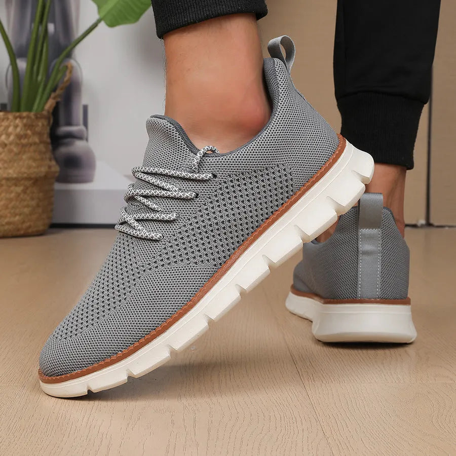 Men's grey and black mesh fabric casual sneakers with round toe and low heel