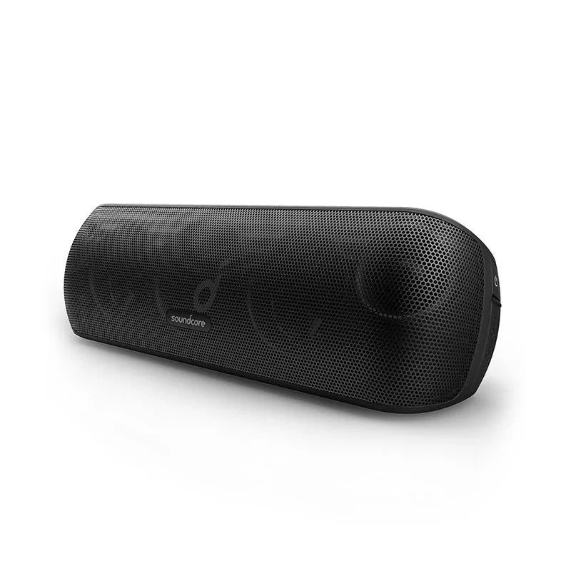 Bluetooth subwoofer speaker in black with front grille and controls