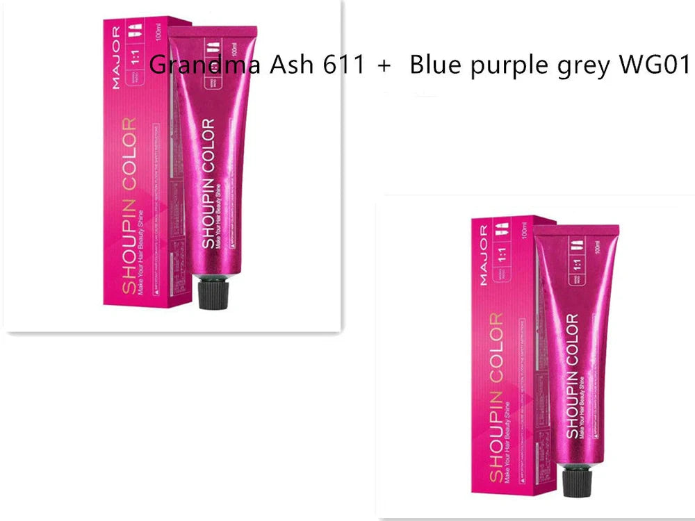 Ammonia-free hair dye 100ml tube with colour chart showing 40+ shades including WG75 cold brown and C5-66 purple