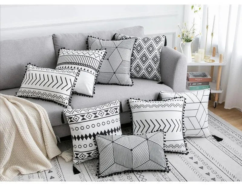 Bohemian national pattern throw pillow in grey colour option with polyester fibre filling
