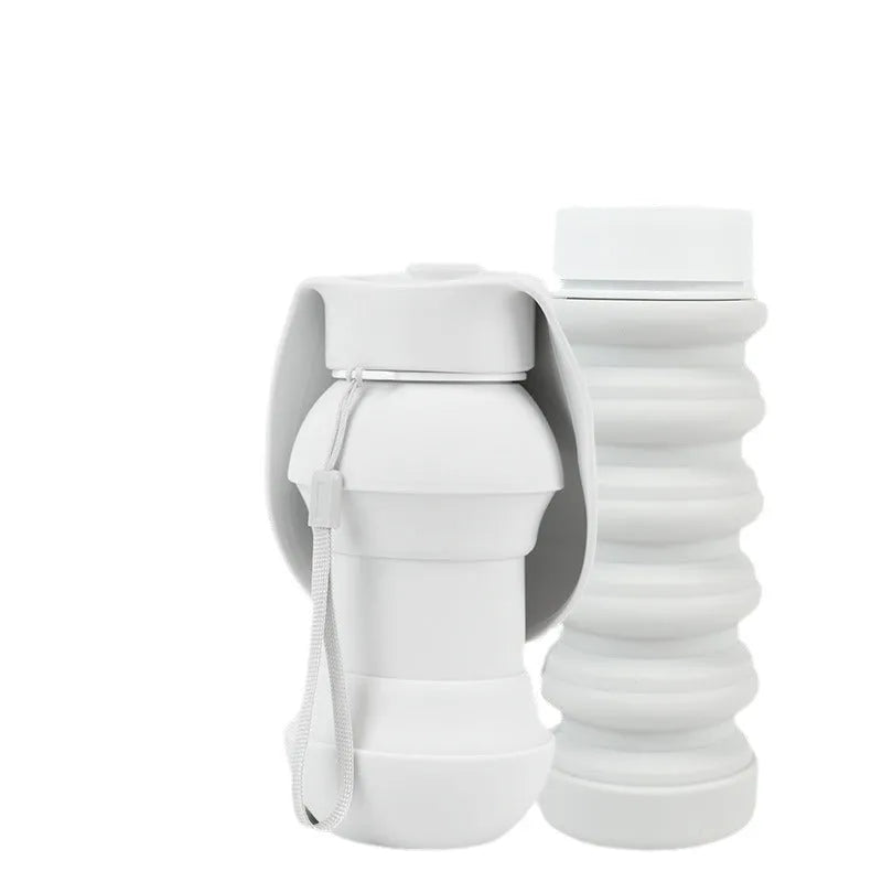 Silicone folding pet drinking cup shown collapsed and open, for dog travel.