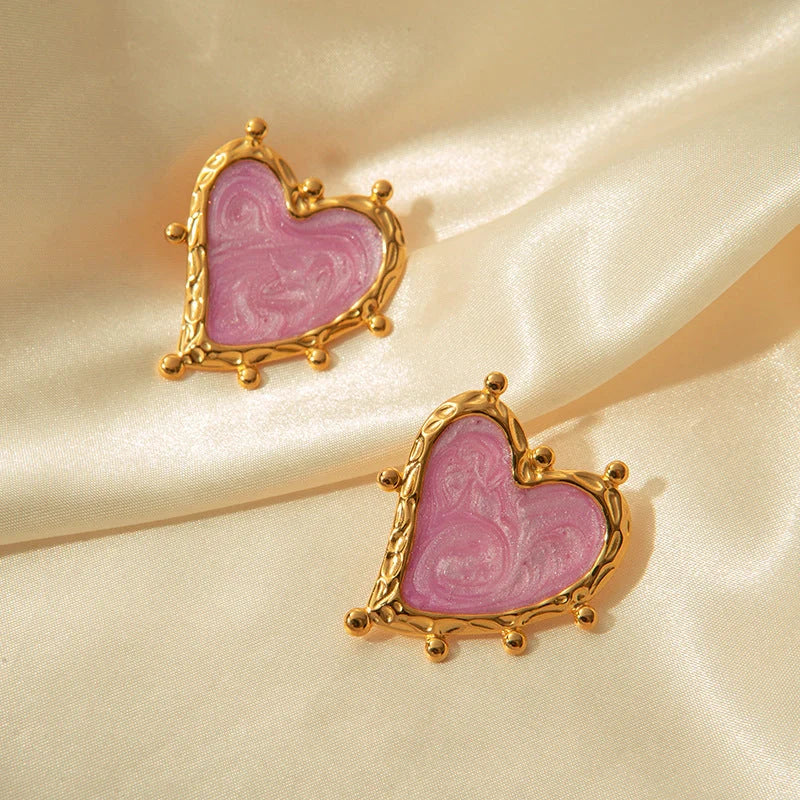 Sweet Magic Purple Love stainless steel heart ear studs in pink