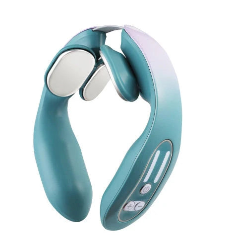 EMS Neck Massager with heat function in gradient blue, showing ergonomic design