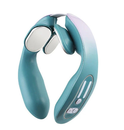 EMS Neck Massager with heat function in gradient blue, showing ergonomic design