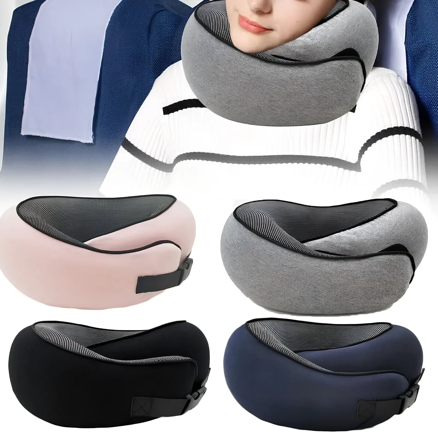 Dark gray adjustable U-shaped memory foam neck pillow with Velcro closure and storage bag, 30cm high for travel support