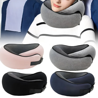 Dark gray adjustable U-shaped memory foam neck pillow with Velcro closure and storage bag, 30cm high for travel support