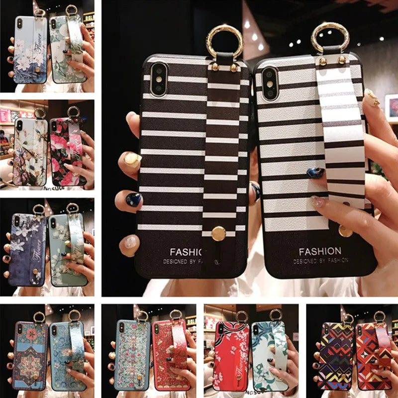 Wrist strap bracket phone case for iPhone 12 with ethnic black and white stripes TPU back cover