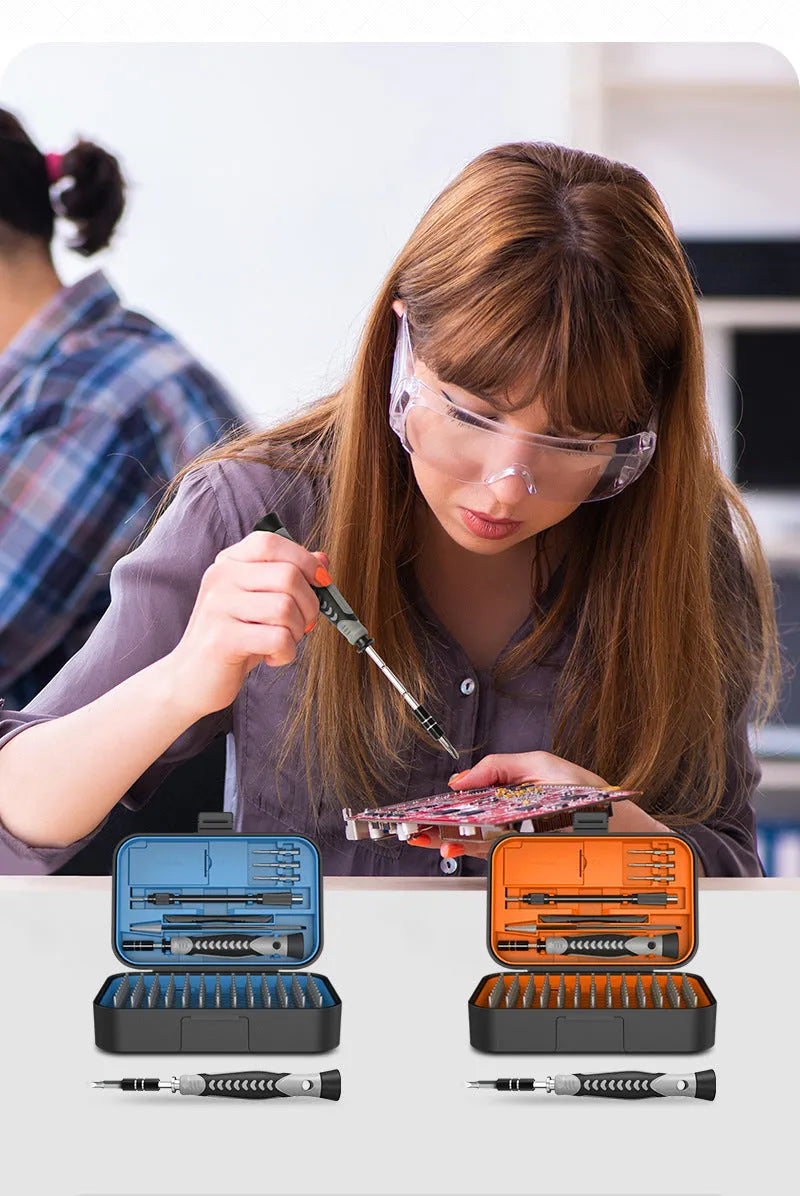 130-in-1 precision screwdriver tool set in orange and blue compact storage case with CRV steel bits and PPC handle