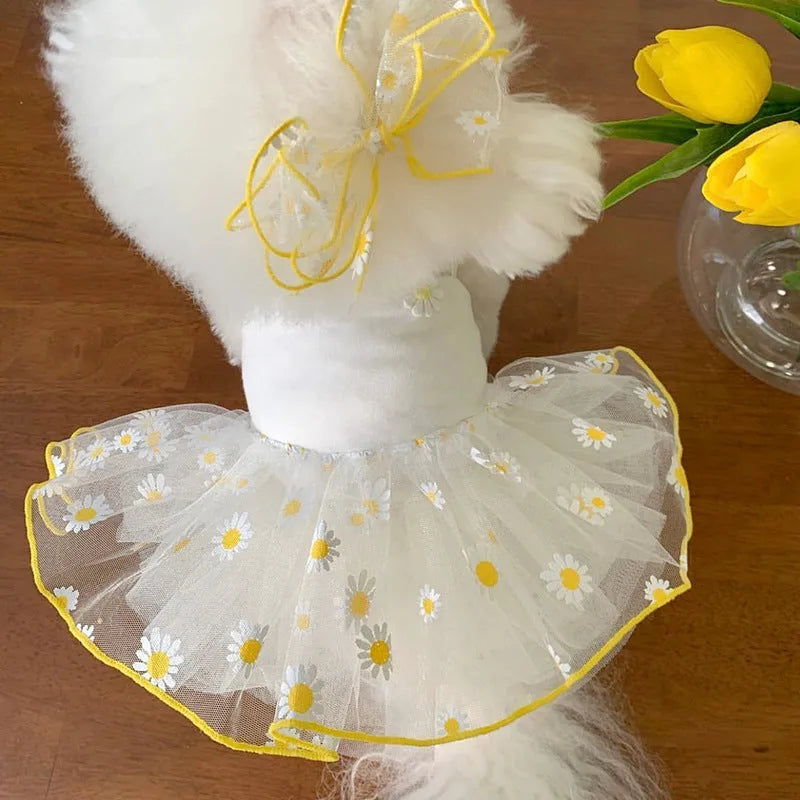 Yellow daisy print dog t-shirt on mannequin showing lightweight polyester summer pet clothing
