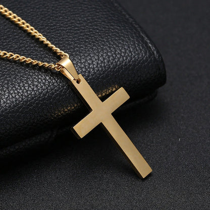 Stainless steel cross pendant necklace for men, available in black, silver, and gold finishes