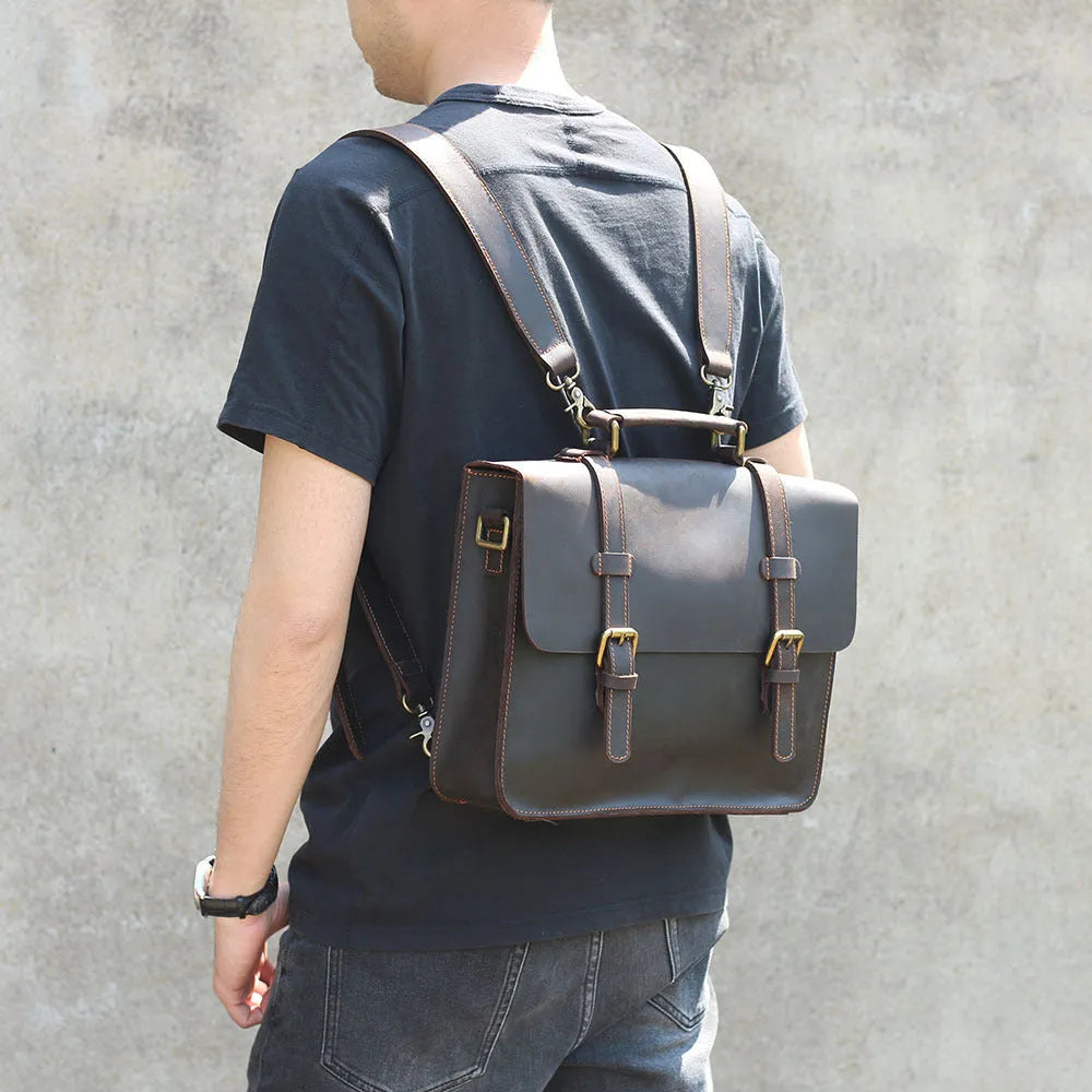 Coffee colour first layer cowhide leather backpack briefcase with double straps and zipper closure