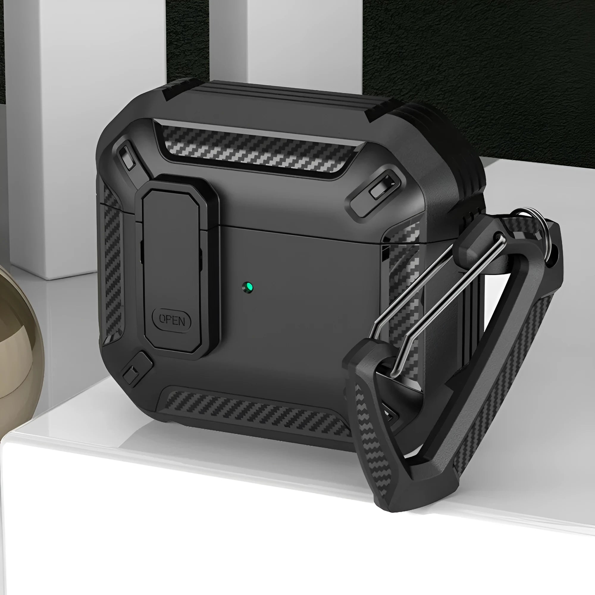 Clamshell plastic protective case for AirPods with hook attachment in two-tone colour options
