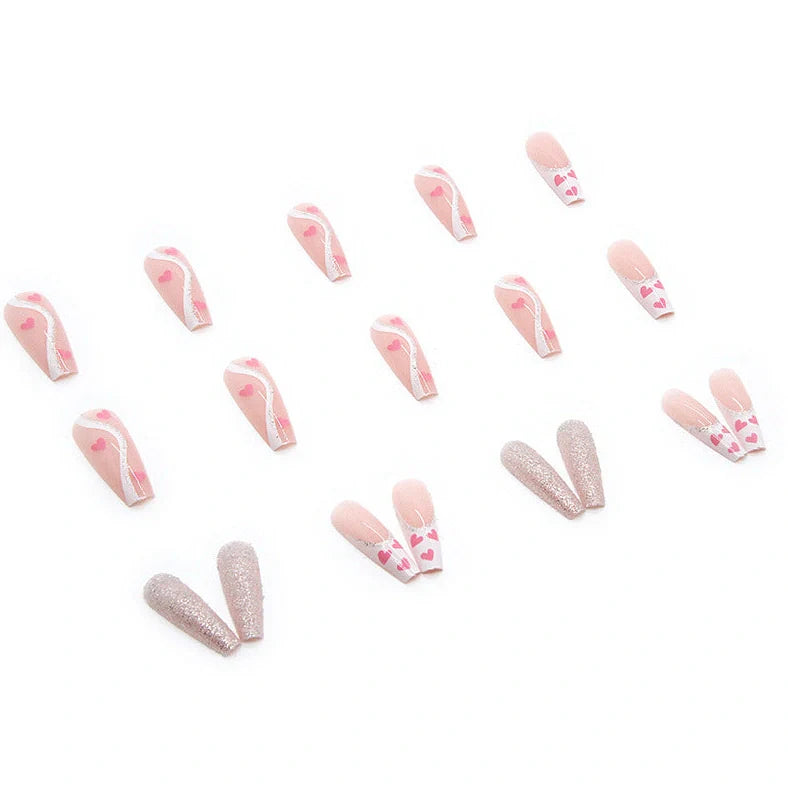 W097 shiny love pattern false nails in long ballet style with adhesive tube, 24-piece set