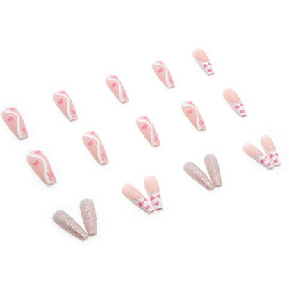 W097 shiny love pattern false nails in long ballet style with adhesive tube, 24-piece set