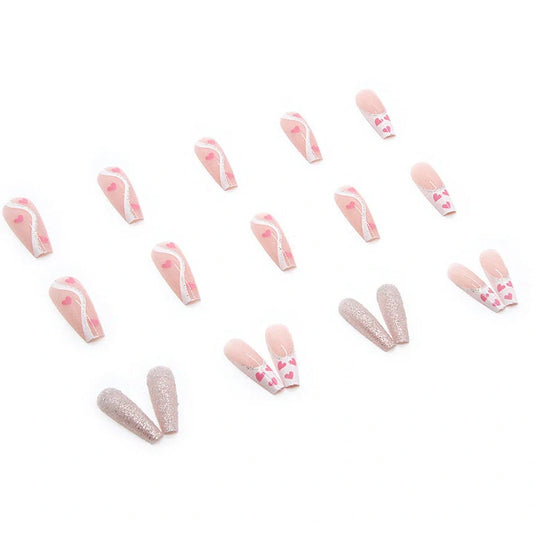 W097 shiny love pattern false nails in long ballet style with adhesive tube, 24-piece set