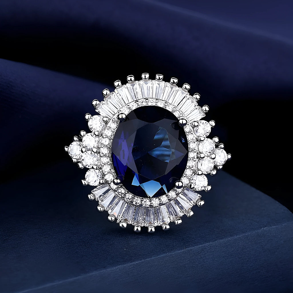 Sea blue heart square full diamond accent crown shape adjustable ring in white gold colour on copper base