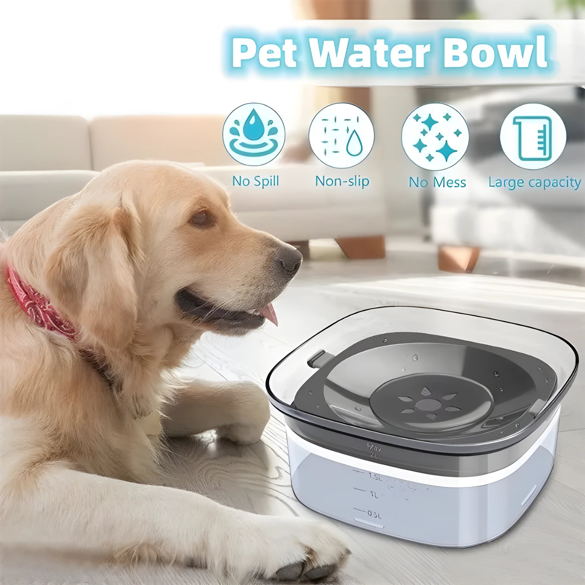 Transparent plastic dog water bowl with floating slow-feeder disk inside.