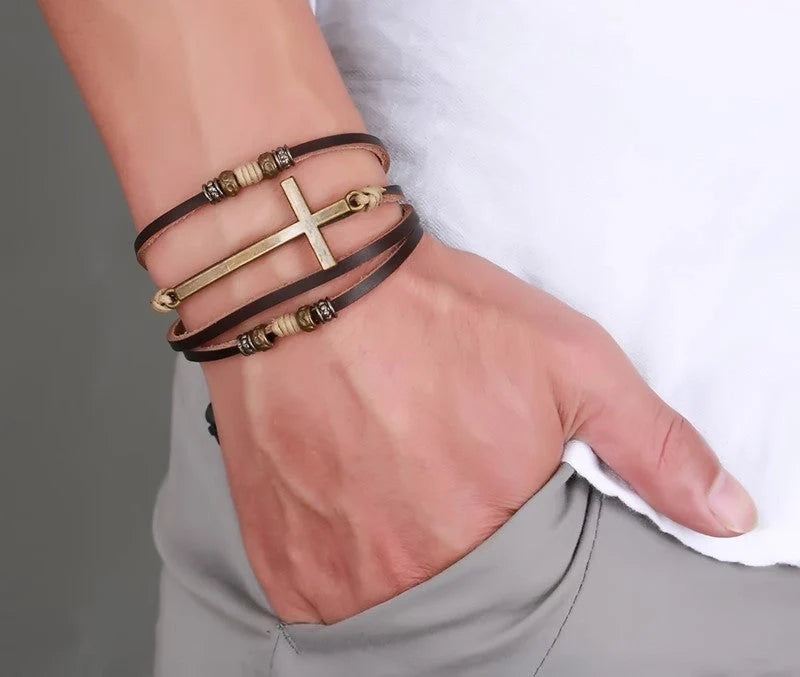 Men's retro cowhide cross bracelet with adjustable leather strap