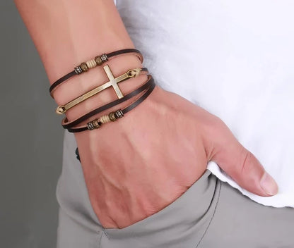 Men's retro cowhide cross bracelet with adjustable leather strap