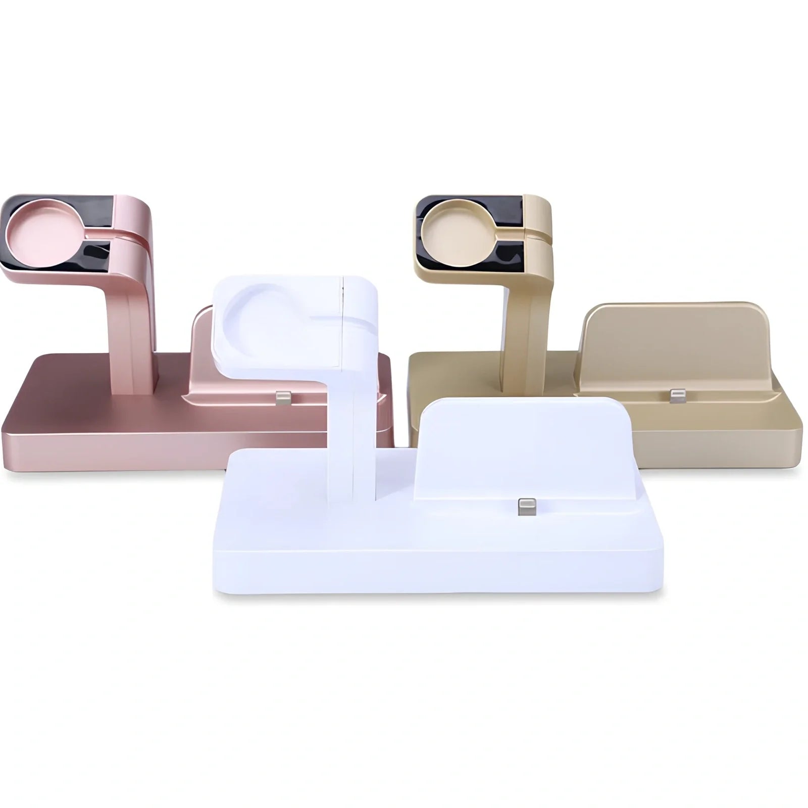 White 2-in-1 charging dock holding iPhone and Apple Watch, 150x78x106mm ABS stand with non-slip pads