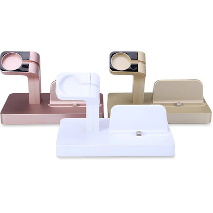 White 2-in-1 charging dock holding iPhone and Apple Watch, 150x78x106mm ABS stand with non-slip pads