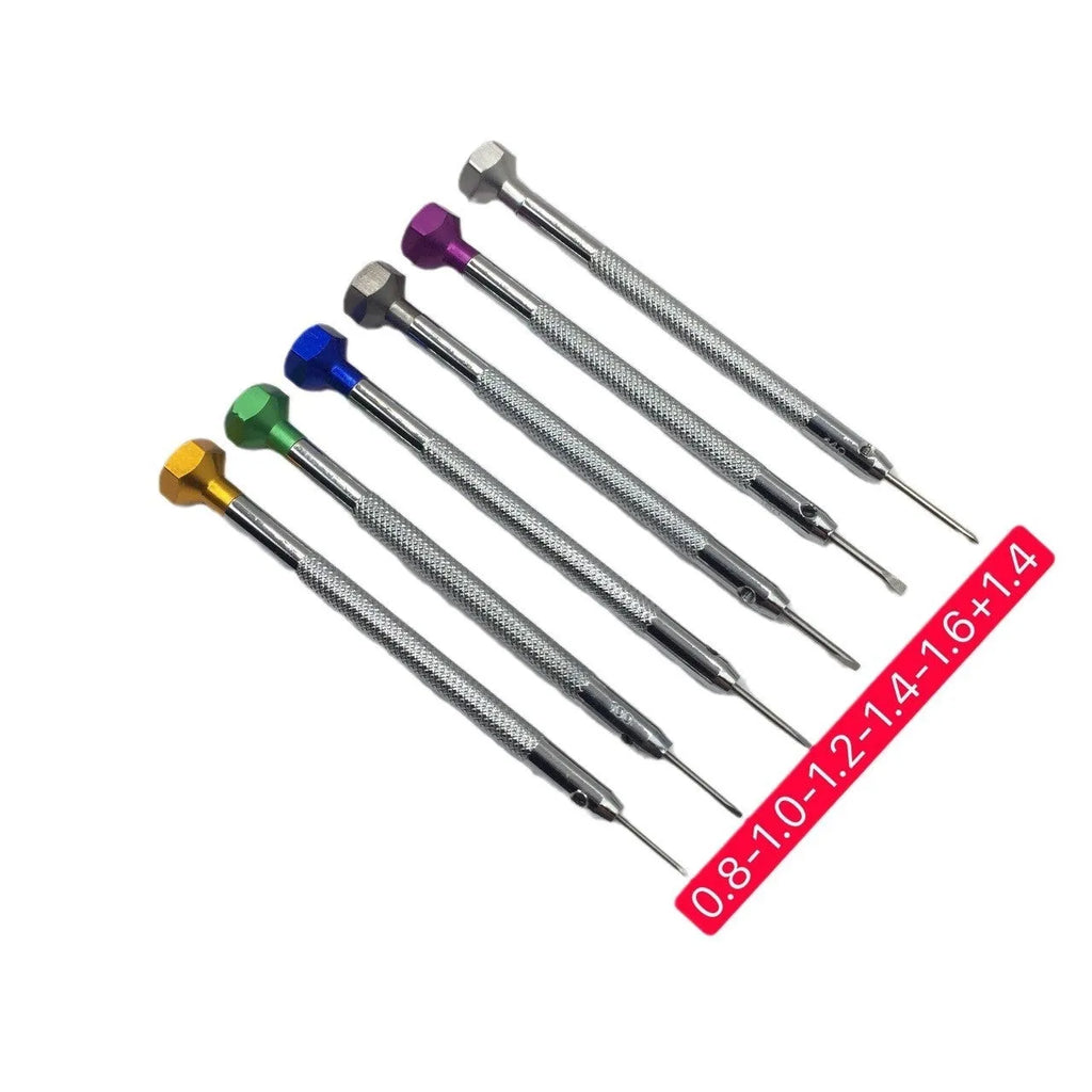 Six colour aluminium handle screwdrivers for watch repair with spring steel cutter heads