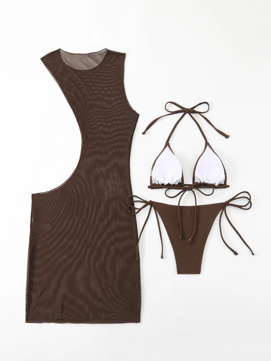 Brown three-piece women's bikini set with split shorts and matching blouse