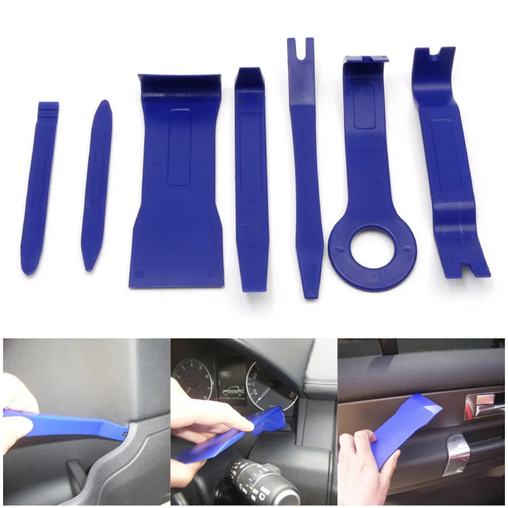 Blue 7 piece disassembly and assembly repair tool set in OPP packaging for audio repair