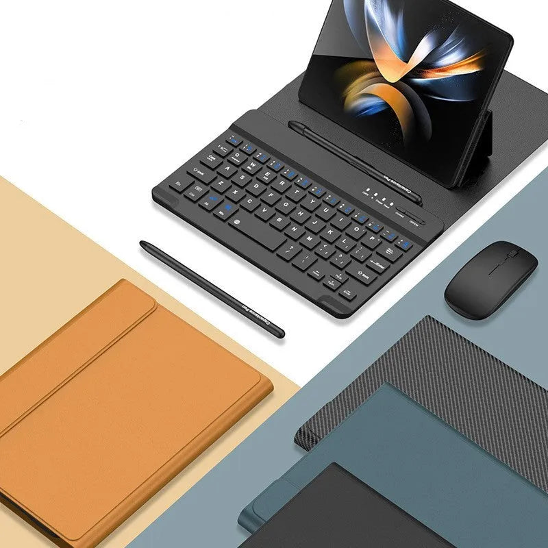 Folding PU leather keyboard case with Bluetooth keyboard, mouse, and stylus for Samsung Fold in black
