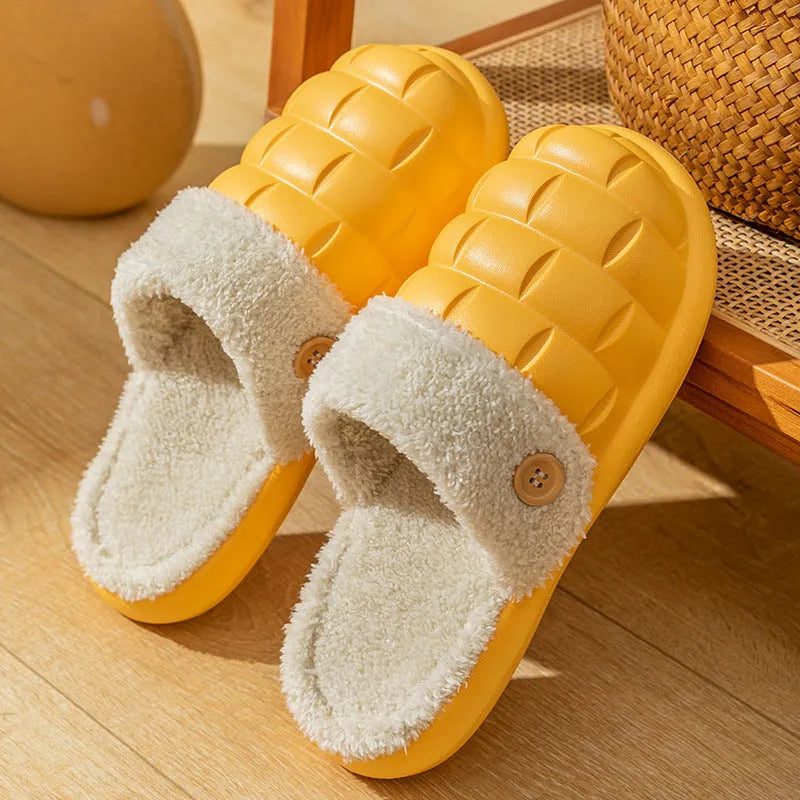Plaid detachable EVA slippers with non-slip soles and plush lining in pink, green, yellow, white, grey, and black.