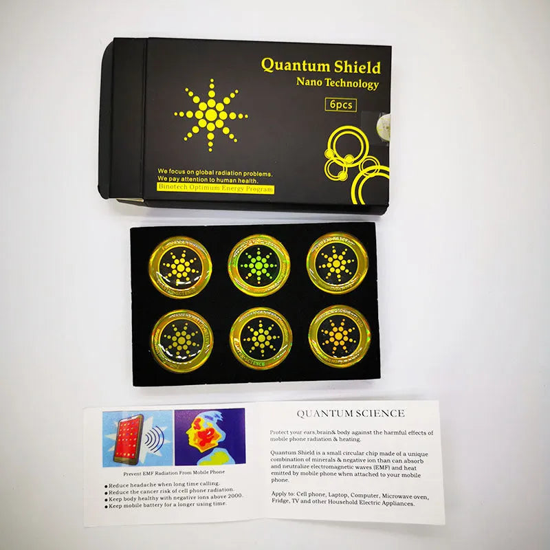Box of 6 anti-electromagnetic wave stickers for mobile phones in gold and silver colours