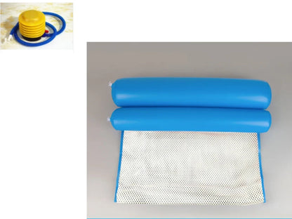 Inflatable water lounge chair in blue, floating in pool with hammock design visible