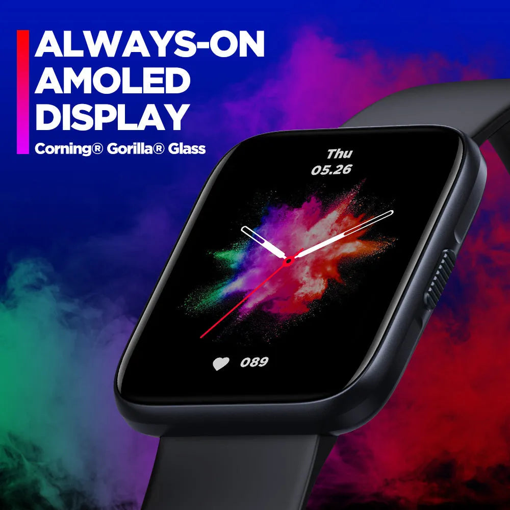 Black GPS sports smart watch with 1.78-inch display and rubber wrist strap showing health metrics